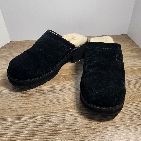 Ugg Mule Sherpa Lined Clogs Black Suede Size 9 - Picture 3 of 8
